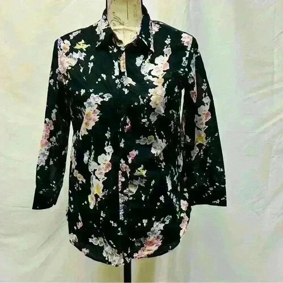 LAUREN RALPH LAUREN Black Floral 3/4 Sleeve Cotton Button Down Size Medium - Picture 3 of 14